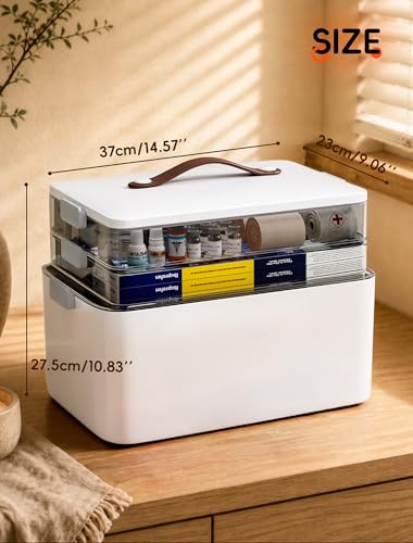 Image of Medicine Organizer Box, 3-Tier Medicine Storage Box with Clear Trays and Carry Handle, Empty First Aid Kit Organizer for Pills, Bottles, Bandages, Home Cabinet