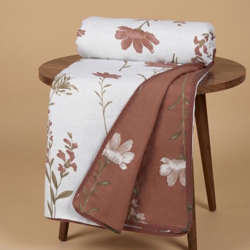 Image of HUESLAND 100% Cotton Reversible Dohar Double Bed Cotton | Soft Cambric Weave, All Weather Light AC Blanket | 86 x 94 inches, Floral - Rust & White
