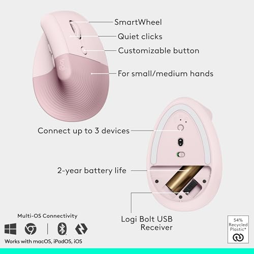 Image of Logitech Wave Keys & Lift Vertical Mouse - Ergonomic Wireless Keyboard and Mouse Combo - with Cushioned Palm Rest, Easy-Switch, Bluetooth, for Multi-OS, Windows /Mac - Rose