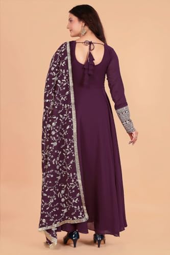 Image of ROYALICA Women's Georgette Gown Set with Solid Pattern Floor Length Round Neck Fit & Flare Full Sleeves Gown Pant and Embroidery Work Dupatta | Anarkali Gown Set for Women