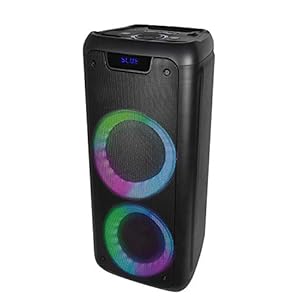 Bluetooth-luidspreker Denver BPS-350, afmetingen 6,5 inch, oplaadbare batterij 3000 mAh, LED-verlichting, volume 25 W, USB, AUX, dual microSD-ingang, FM-radio.