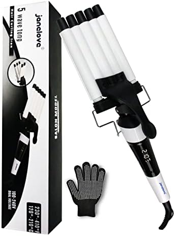 Hair Crimper, janelove Hair Waver 16mm (0.62'') 5 Barrel Curling Iron with LCD Display, Temperature Adjustable Quick Heat Hair Styling Tools, Auto Off Professional Crimper Iron for Long Hair