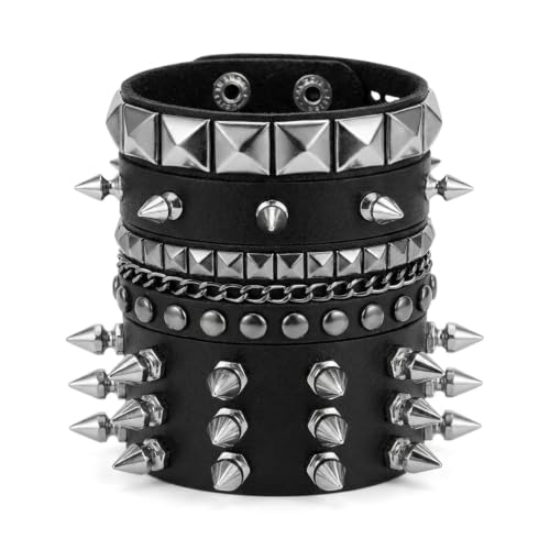 Jruher 4 Pcs Edgy Punk Bracelets Set, Leather Vintage Punk Rock Spiked Studded Bangle Cuff Bracelets Alternative Wrist Bands for Women Men Biker Rockers Fashion Accessories (spikes3)