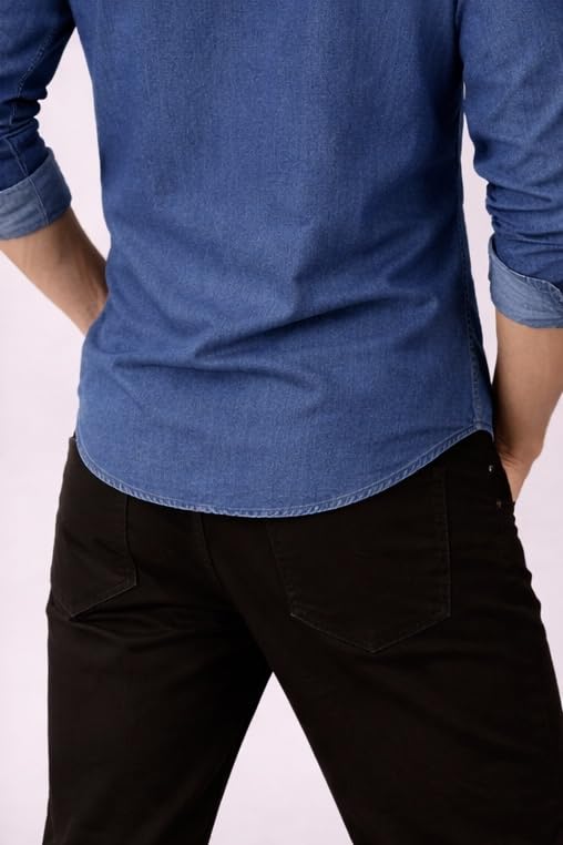 Image of Men's Slim Fit Western Denim Shirt with Dual Chest Pockets - Long Sleeve Button-Down Casual | Smart Casual Fashion Wear |Durable Tich snap Buttons.