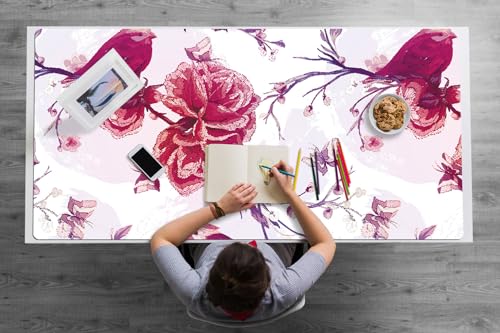 Tapis de souris 120x60 cm en vinyle PVC imperméable avec motif oiseaux violets