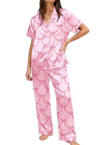 Image of Ekouaer Womens Silky Satin Pajamas Set Short Sleeve Button Down Sleepwear 2 Piece Lounge Set Pj Set