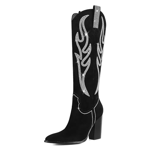 Celbreez Cowboy Boots for Women Cowgirl Boots Women Suede Knee High Boots Rhinestones Embroidered Western Boots Pointed Toe Chunky Heel Side Zip Festival Country Concert Shoes