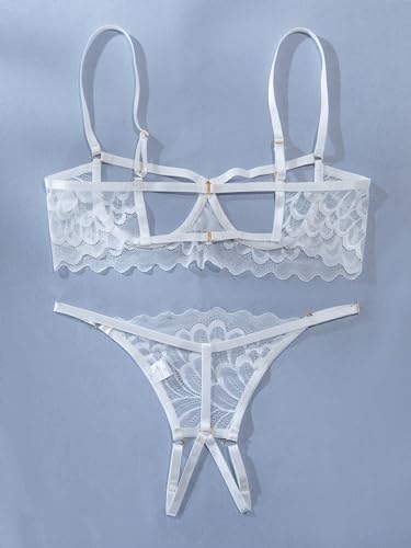 Image of Lilosy Sexy Underwire Floral Lace Sheer Lingerie Set for Women See Through Bra and Panty 2 Piece