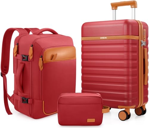 Image of UKEIN Luggage Sets 3 Piece, Carry On Luggage 20In With Spinner Wheels,PC Hardside Suitcase Set with TSA Lock,Durable Carry On Suitcase With Travel Backpack for Men (Red, 3 piece set (20inch))