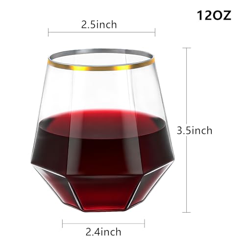 Image of Lullaby 40PCS 12Oz Stemless Plastic Wine Glasses Gold Rim, Diamond Design | Clear Disposable Wine Cups for Champagne Whiskey Cocktail, Perfect for Parties, Weddings and Daily Use