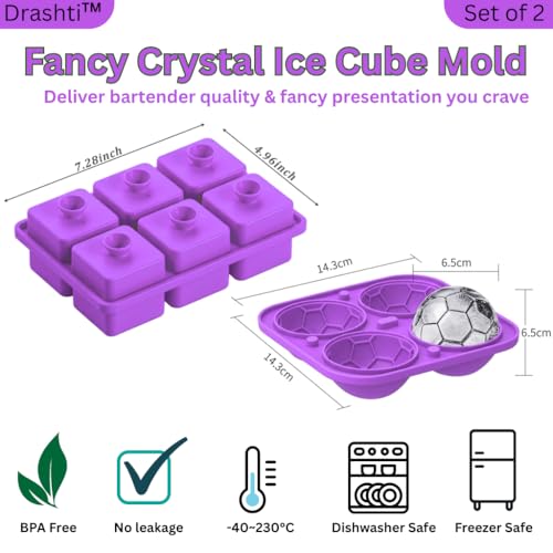 Image of Premium Combo of Large 3D Crystal Square Ice Cube Tray & Football Shaped Silicone Molds for Chilling Drinks, Chocolates, Juice, Jelly and Many More. Pack of 2 (Violet)