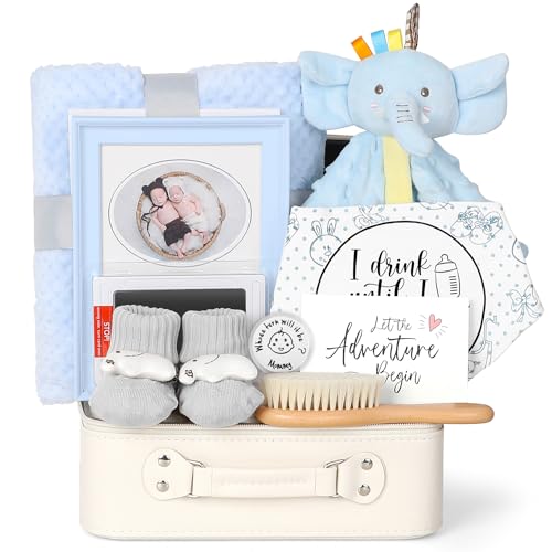 Image of iAOVUEBY Baby Boy Gifts, Baby Shower Gifts Includes Newborn Essentials Elephant Lovey Blanket Keepsake Photo Frame Infant Bibs Socks Decision Coin Greeting Card, New Born Baby Boy Gift Basket