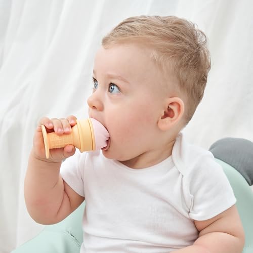 Image of Smily Mia Ice Cream Cone Baby Teething Toys, Water-Filled Freezable Teether for Babies&Infants, Teething Relief for 0-18 Months, Not-Too-Cold-to-Hold Freezer Teether for 3-6 6-12Months, Peach Pink