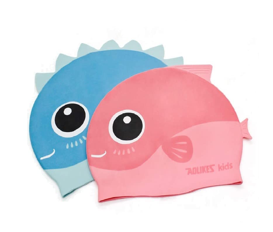 Kids Swim Cap Animal Head Silicone Swimming Fun Cartoon Blue Shark Pink Fish waterproo for Long and Short Hair Boys and Girls (Pink 20.5cm)