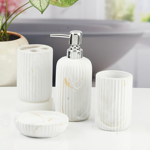 Image of SaSaSa Ceramic Bathroom Accessories Set of 4 Modern Bath Set with Soap Dispenser & Toothbrush Holder, Luxury Home & Gift Idea (11426)