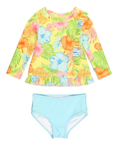 Image of RuffleButts Happy Hula Long Sleeve Ruffled Rash Guard 2-Piece - 10