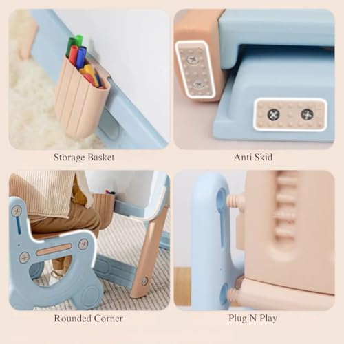 Image of Little Olive Kids Chair and Drawing Board with Easel Plastic Activity Table | Pastel Blue | DIY Creative Station for Toddlers and Preschoolers | Perfect for Drawing Writing and Studying