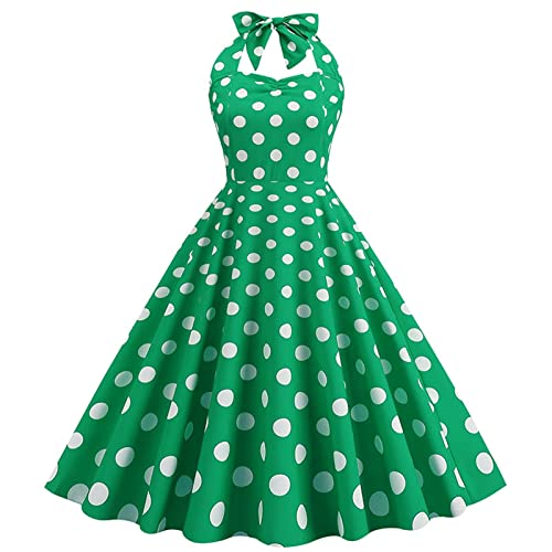 Polka Dot Neckholder Swing Kleid mit Schleife - 1950er Vintage inspirierte Passform & Flare Kleid für besondere Anlässe, grün, L