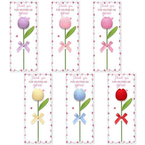 Wavwavw 6 Sets Back to School Gifts for Teacher Thank You for Helping Me Grow Positive Handmade Tulip Crochet Flower Gift for Teacher Women Men Educator
