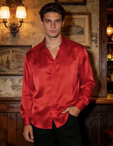 Image of Hi-Tie Men's Silk Satin Dress Shirts Long Sleeve Shiny Casual Button Up Shirts Luxury Party Disco Prom Wedding Shirt