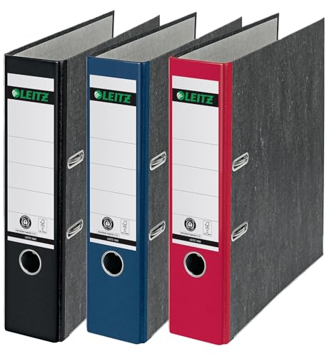 Leitz Qualitäts-Ordner, das Original, DIN A4 Aktenordner 8 cm breit, Wolkenmarmor-Papier, Recycling-Ordner, Blauer Engel, Mit 180° Mechanik, Höchste Stabilität (Breit, Sortiert, 3 Stück)