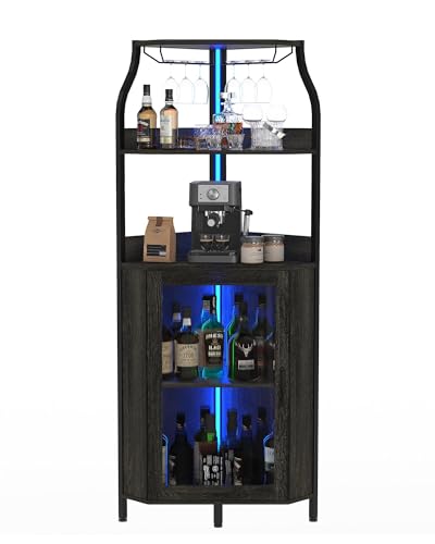Garvee Meuble Bar Moderne en MDF courbé avec 4 étagères – Porte vitrée et éclairage LED – Porte-Bouteilles intégré – Armoire à vin indépendante...