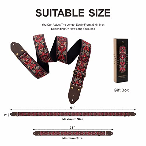 Image of Nefelibata Guitar Strap,Jacquard Embroidery Cotton Guitar Straps with Crazy Horse Leather Leather Ends for Bass, Electric & Acoustic, Best Gifts for Kids, Guitarists(Retro Red Flower)