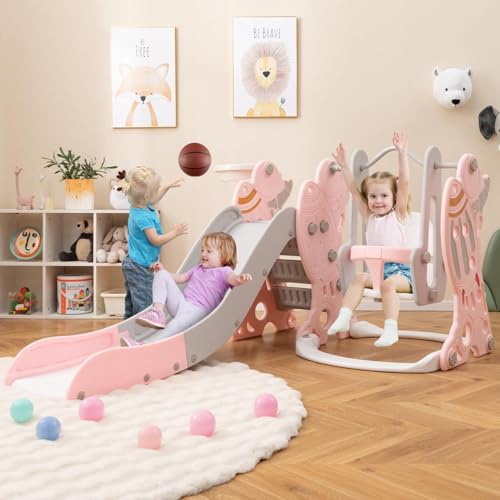 Costzon 4 in 1 Toddler Slide and Swing Set, Rocket Indoor Outdoor Pink Baby Swing with Slide, Swing, Climber, Basketball Hoop and Ball, Kids Climber Playground Playset for Girls & Boys Gifts Presents