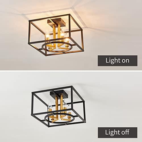Asgyisa 4- Lights Semi Flush Mount Ceiling Light Fixture，Modern Metal Cage Black And Gold Chandelier，Industrial Ceiling Lamp For Farmhouse Dining Room Bedroom Kitchen Living Room Hallway #TOP2