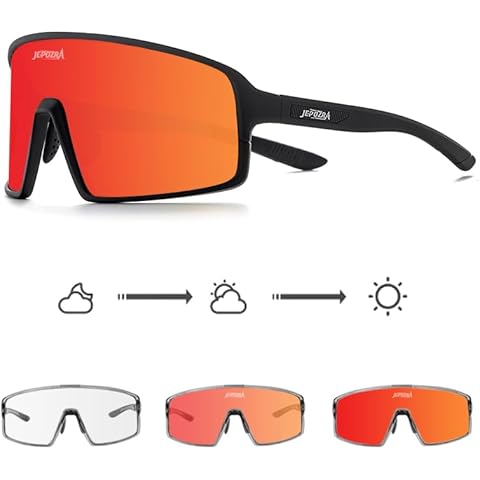 JEPOZRA Photochromic Cycling Glasses Sunglasses Uv400 Polarized Sports Cycling Glasses Interchangeable Lenses (Red) Cover