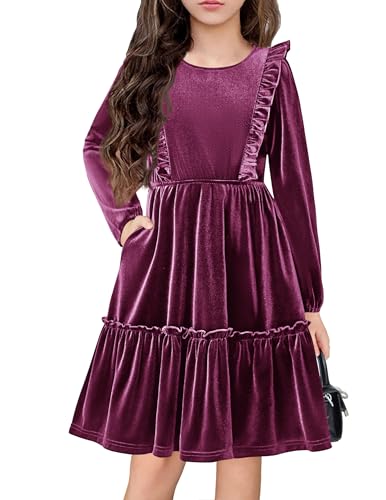 Arshiner Girls Dress Long Sleeve Ruffled Smocked Casual Dress with Pockets 5-14 Years