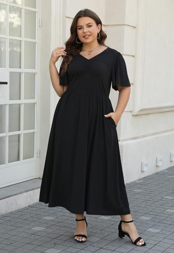 Image of Keluummi Plus Size Maxi Dress for Women Floral Empire Waist V-Neck 3 /4 Sleeve with Pockets