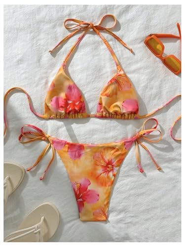 Women's 2 Piece Floral Print Bikini Set Halter Triangle String Cheeky Bathing Suits High Cut Swimsuit2