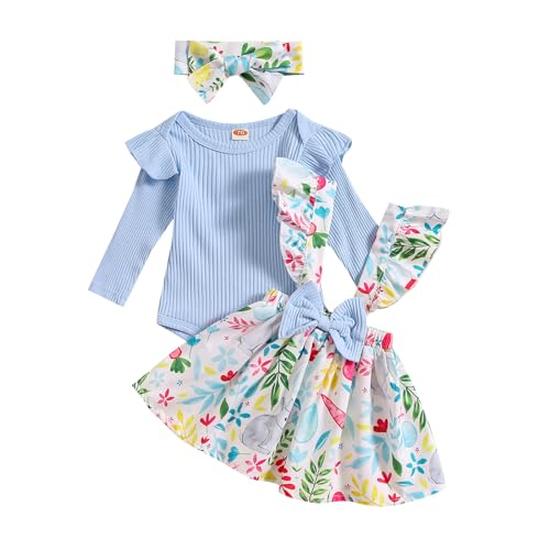 Image of Newborn Baby Girl Easter Outfits Long Sleeve Bodysuit Romper Bunny Eggs Print Suspender Skirts with Headband