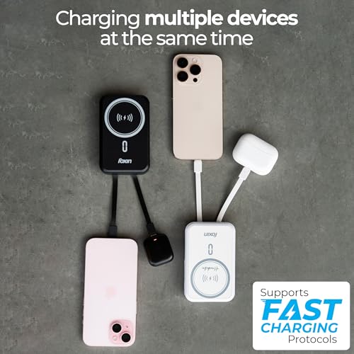 Image of Foxin All-in-One Mag Pro 10000mAh Magnetic Wireless Power Bank | 22.5W Fast Charging, MagSafe & Wireless Charging for Android & iPhone 12 & Above | Built-in Cables | Stand | BIS Certified | White