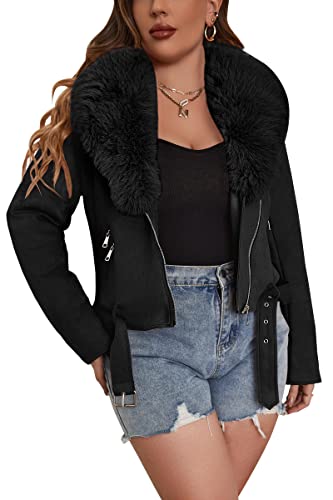 Geschallino Women's Plus Size Faux Suede Leather Jacket Motocycle Sherpa-Lined Coat With Removable Fur Collar 8830 Black 3X #TOP15