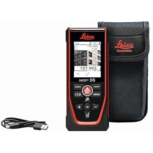 Leica Disto D5 - Range 650ft, Bluetooth, Smart Horizontal, Add/Subtract, Volume, Outdoor Camera viewfinder with 4X Zoom, Intelligent end-piece, Hand Loop, Pouch.