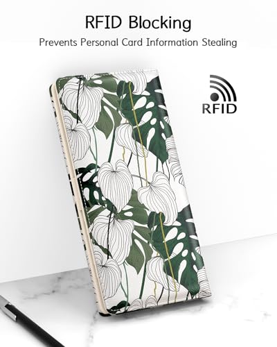 Image of Nipichsha Womens Wallet, RFID Slim Wallets for Women, Thin Ladies Credit Card Holder Purse, Cute Leather Bifold Clutch Billfold with 11 Card Slots & ID Window, Monstera Deliciosa