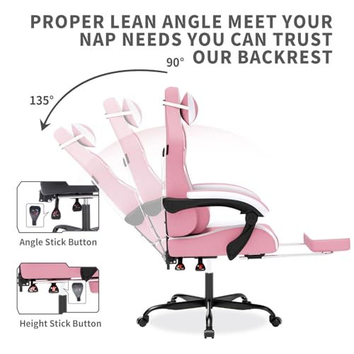 Image of Gaming Chair with Massage,Ergonomic PC Gaming Chair with Footrest Comfortable Headrest and Lumbar Support,High Back Game Chair PVC Leather,300LBS (Pink)