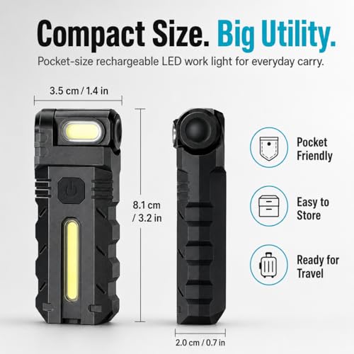 TFFUAM 180°Rotating Head LED Work Light, Magnetic Base & USB-C Rechargeable, Dual Beam Pocket Flashlight with Clip, Hands-Free Work Light for Auto Repair, Camping, Mechanic, Home & Emergency (1) - image 7