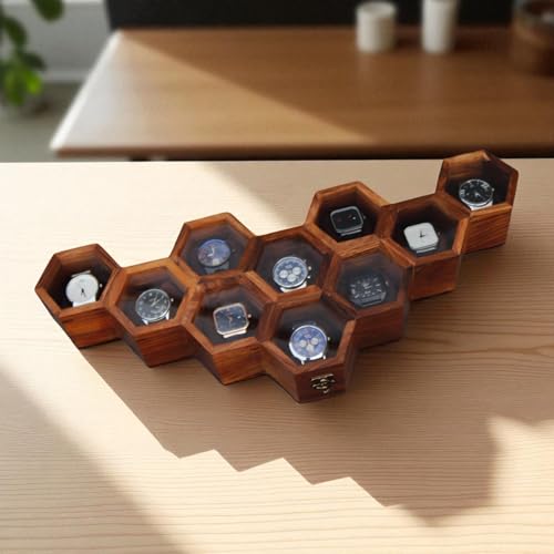 Image of Vintage Wooden Watch Box for Men, Timepiece Display Case, Honeycomb Watch Storage & Organizer, Jewlery Box for Women, Anniversary Gift For Husband (10 Compartments (Other Design))