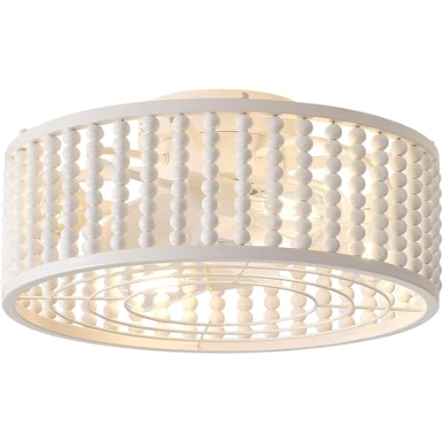 Image of Beaded Ceiling Fans with Lights and Remote, 19 inches Off-White | Bulbs Included, Tropical Caged Fandelier, Flush Mount, Lighting Fixture, Nursery, Kid Room, Auto-off, Quiet, Reversible Motor