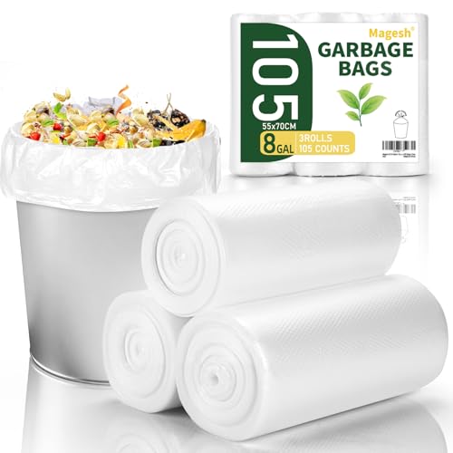 Magesh 8-10 Gallon Trash Bag Strong Leakage-Free Medium Garbage Bags Unscented Thick for Bathroom Office Kitchen Medium Trash Can 60L 105 Bags Clear