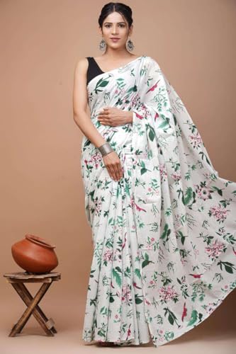 Image of Hand Block Printed Cotton Mulmul Saree | Soft Lightweight Summer Saree | Pure Cotton Traditional Indian Saree for Women