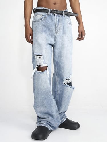 EMMIOL Mens Baggy Jeans Ripped Loose Wide Leg Distressed Jeans Pants Casual Denim Skater Y2k Vintage Streetwear 90s2