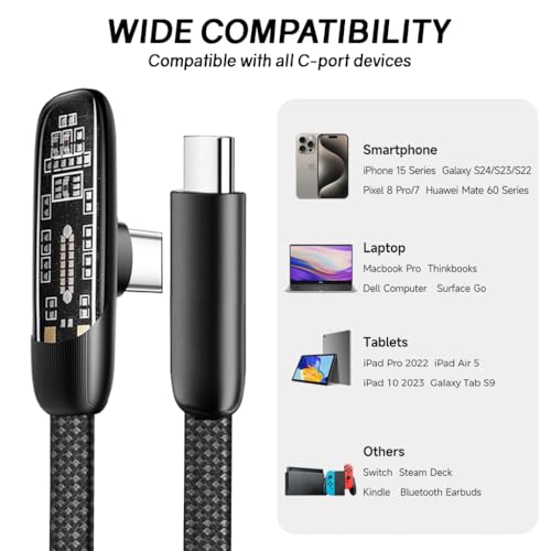 Image of Verilux PD 100W Type C Cable Fast Charging 6.6Ft, Right Angle C Type Charger Cable with No Tangle Flat Nylon Braid, Support 480Mbps Data Transfer for iPhone 17 /17 Pro /17 Pro Max 16 /15, Galaxy S25 /S24