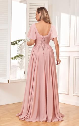 Women's Chiffon Flutter Sleeve Bridesmaid Dress Long with Slit V-Neck Pleated Formal Evening Party Gowns3