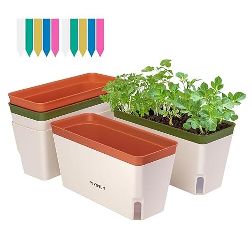VIVOSUN Self-Watering Planters, 4-Pack 10.5 Inch Compact Rectangular Window Herb Planter Box with 10 PCS Plant Labels, Plant Container for Basil, Flowers, Succulents, Indoor & Outdoor
