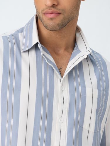 Image of The Souled Store Stripe Shirt: Clash Men and Boys Long Sleeve Spread Collar Light Blue Striped Casual Everyday Office Wear Ligthweight Cotton Relaxed Shirt