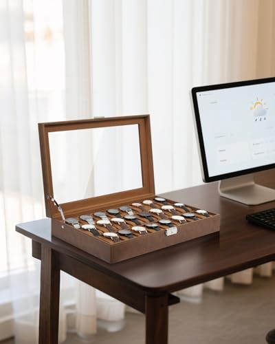 Image of Uten 24-Slot Watch Box, PU Leather Watch Case with Glass Lid, Watch Holder Organizer with Soft Pillow and Velvet Lining, Watch and Jewelry Storage Box, Brown